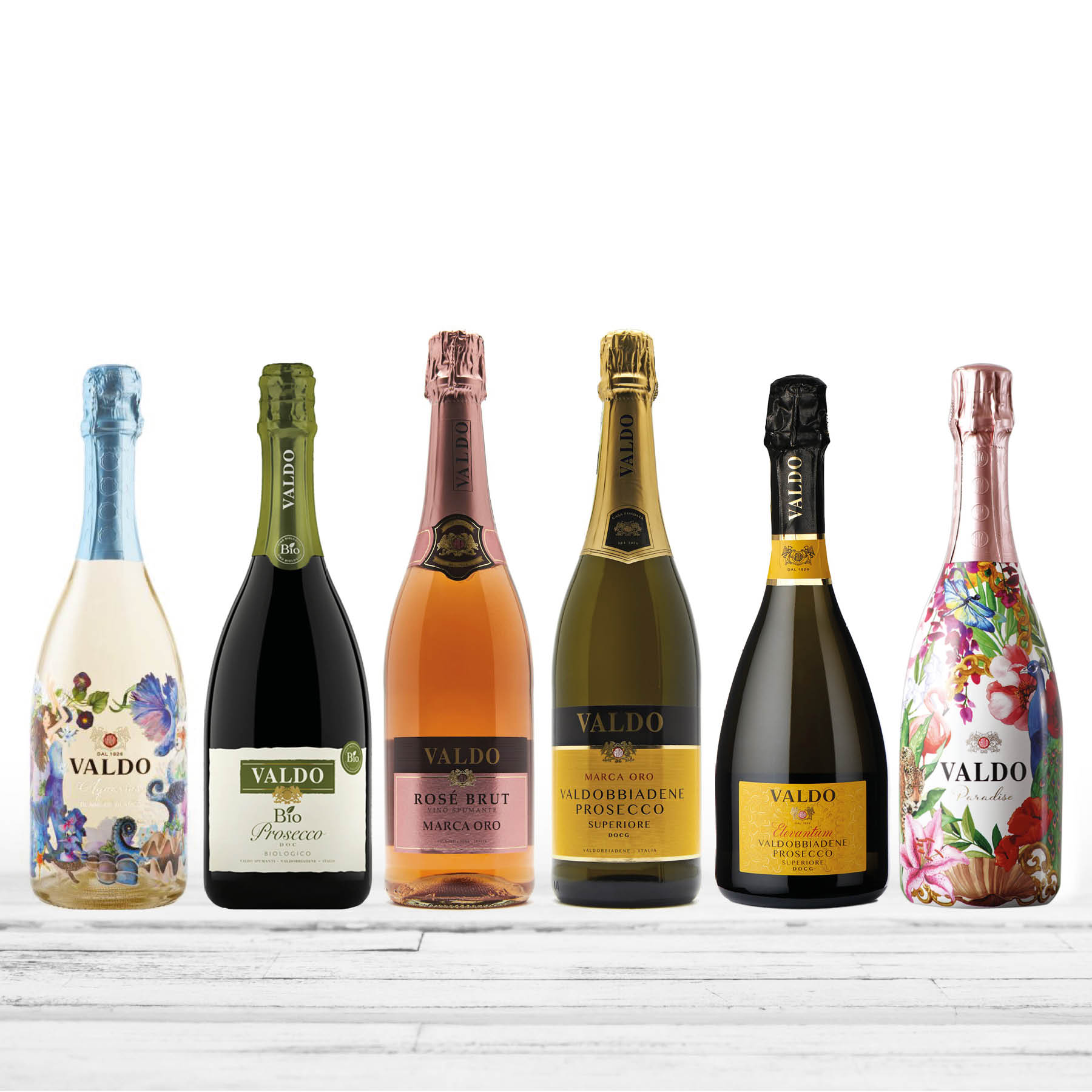 Probierpaket Valdo Prosecco aus Venetien (6 x 0,75l) mit Valdo Flaschenverschluss