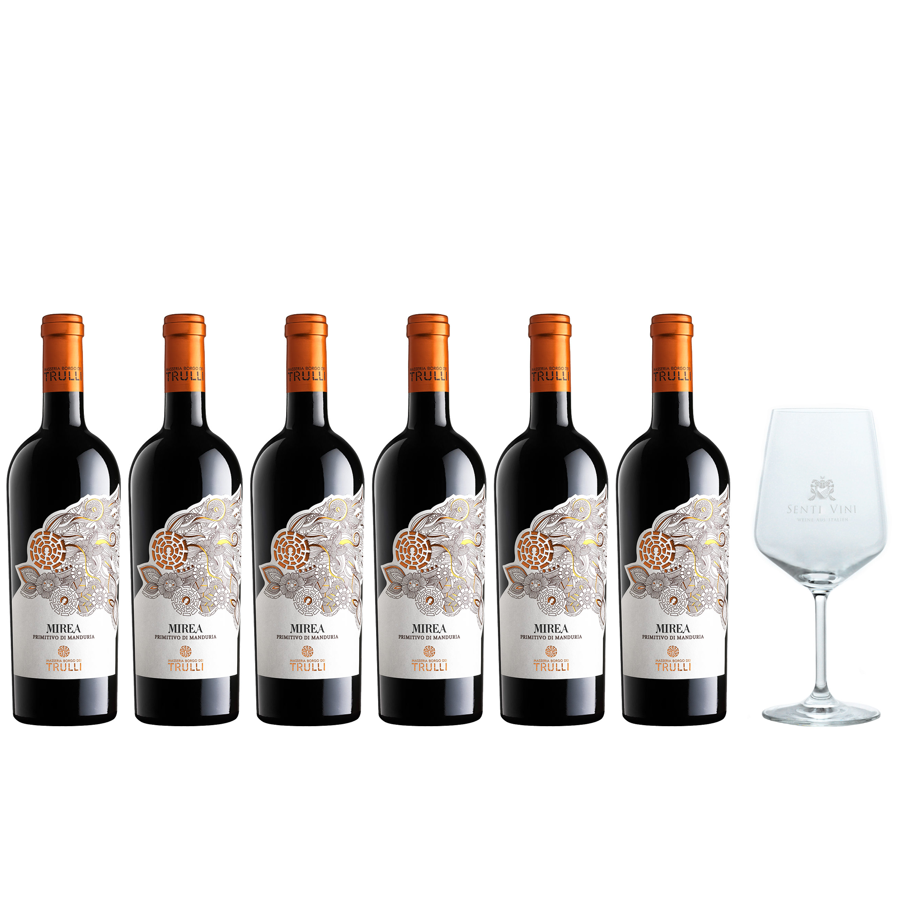 Sparpaket Masseria Borgo dei Trulli Mirea Primitivo di Manduria DOP 2021 (6  x 0,75l) mit Spiegelau Senti Vini Weinglas | Online kaufen bei Senti Vini -  Weine aus Italien