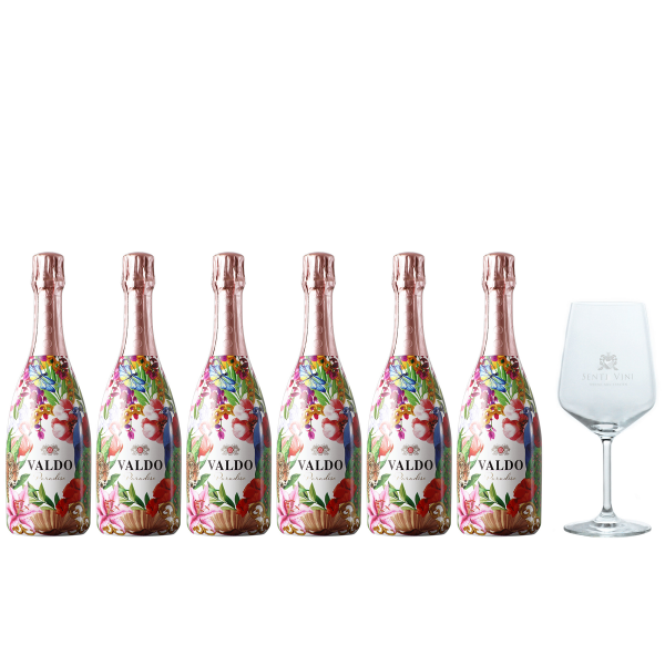 Sparpaket Valdo Rosé Brut Paradise Edition (6 x 0,75l) mit Spiegelau Senti Vini Weinglas
