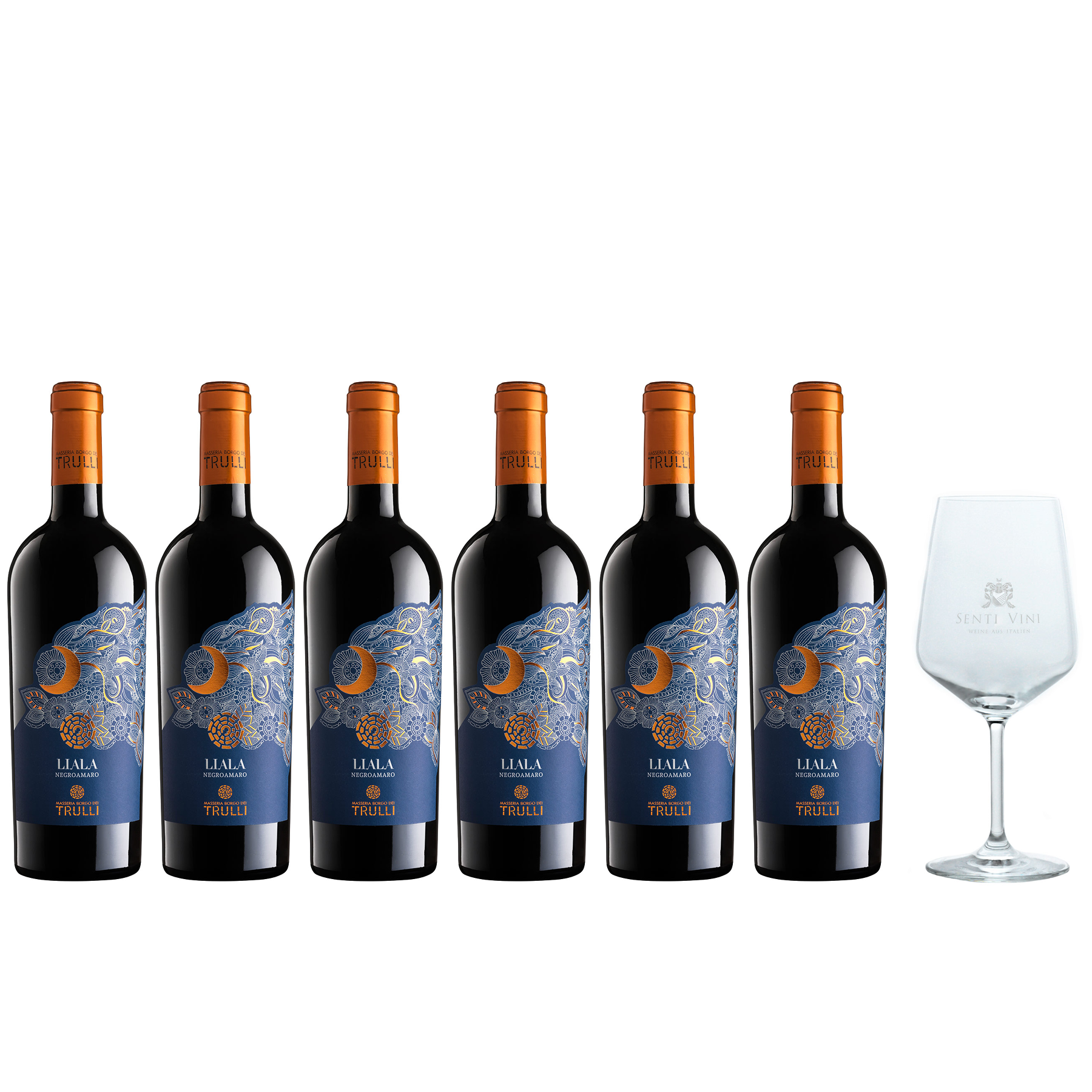 Sparpaket Masseria Borgo dei Trulli Liala Negroamaro Salento IGP 2021 (6 x  0,75l) mit Spiegelau Senti Vini Weinglas | Online kaufen bei Senti Vini -  Weine aus Italien