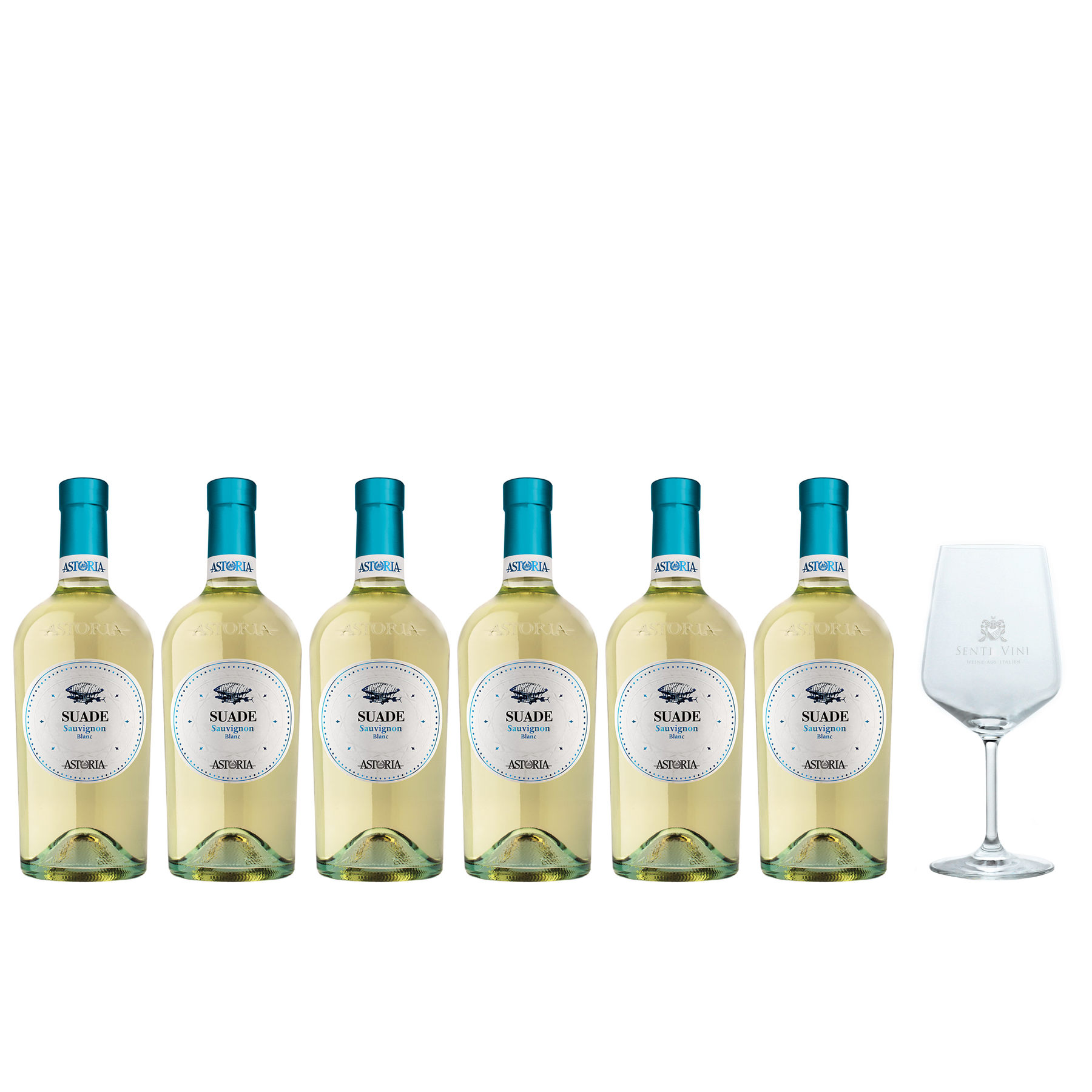 Sparpaket Astoria Suade Sauvignon Blanc IGT 2022 (6 x 0,75l) mit Spiegelau  Senti Vini Weinglas | Online kaufen bei Senti Vini - Weine aus Italien