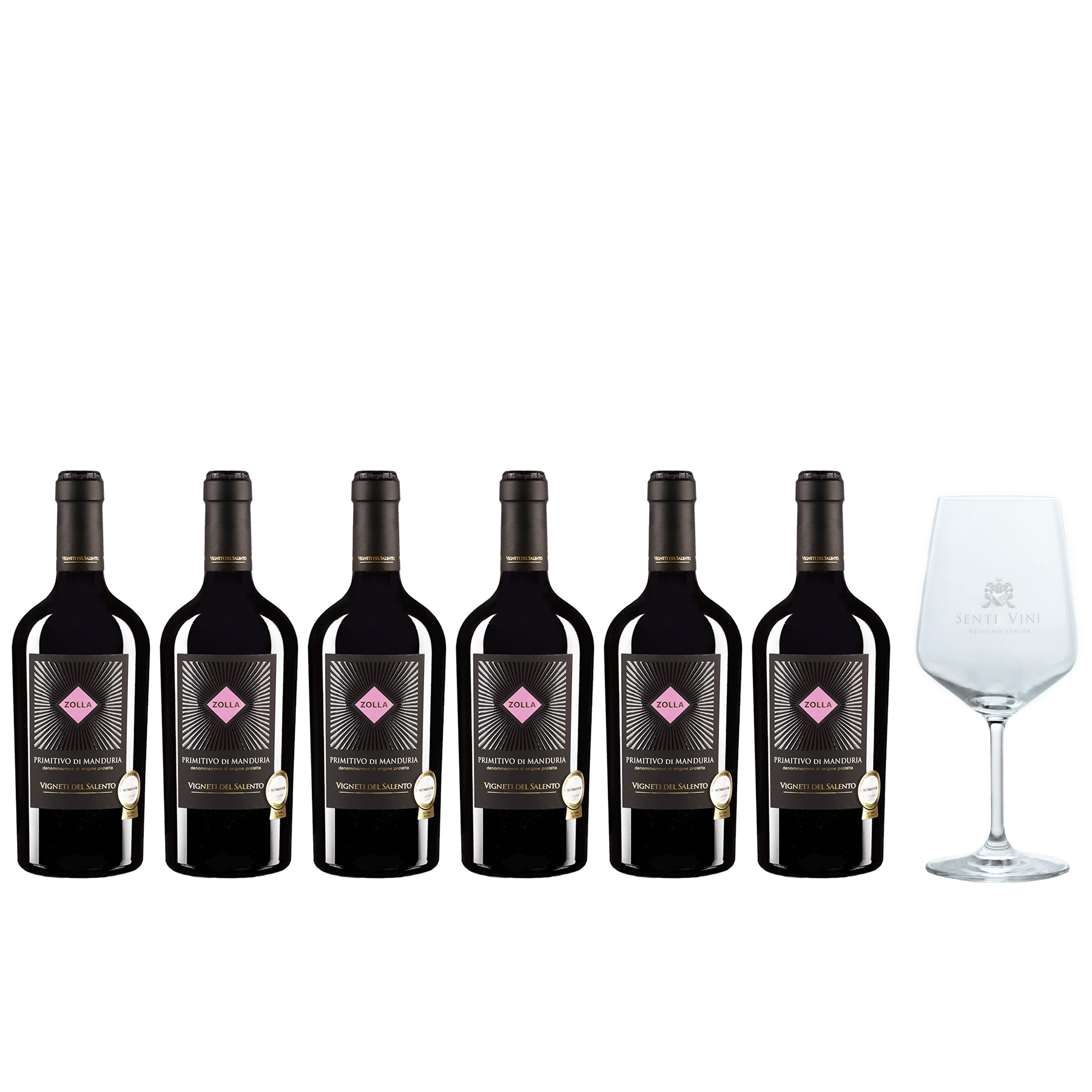 Sparpaket Vigneti del Salento Senti 2020 Manduria Online x kaufen Weine Italien aus | DOP Vini Senti Zolla 0,75l) Primitivo Spiegelau mit - Vini bei di (6 Weinglas